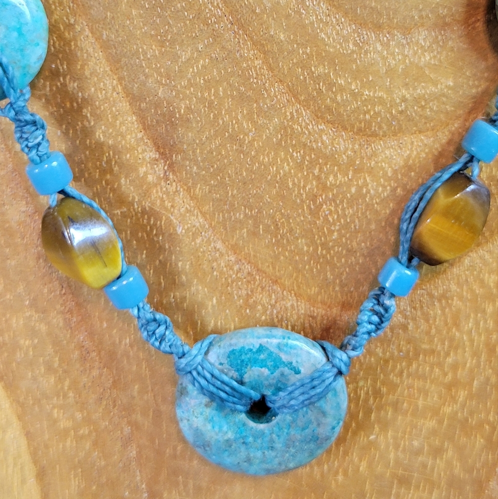 Turquoise Donuts Beaded Macrame Necklace w/ Tiger Eye Handmade by Lynn Smythe